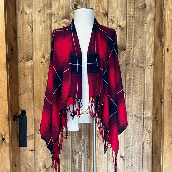 Red Black Small Flannel Fringe Cardigan Western Boho Streetwear - Picture 2 of 6